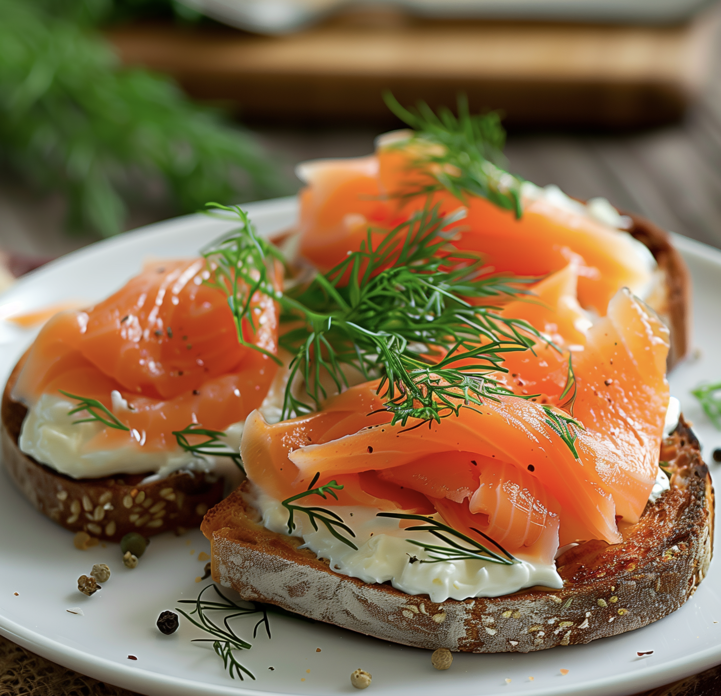 Ein weißes Plateau mit zwei Toastbrotstücken, die mit Salat und Lachs garniert sind.