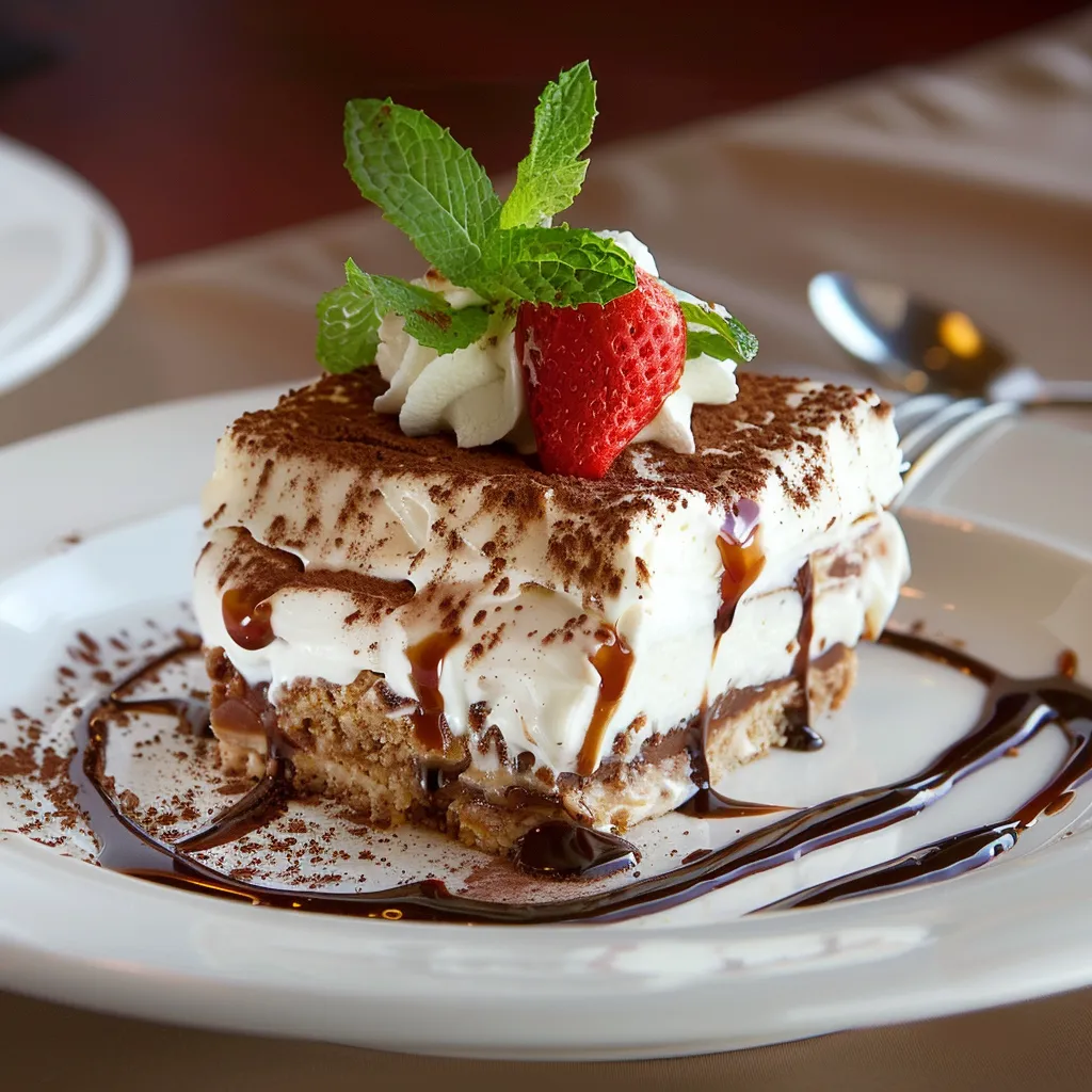 Eine Schokoladencake mit Strawberrys und Mint-Blätter auf einem weißen Teller.