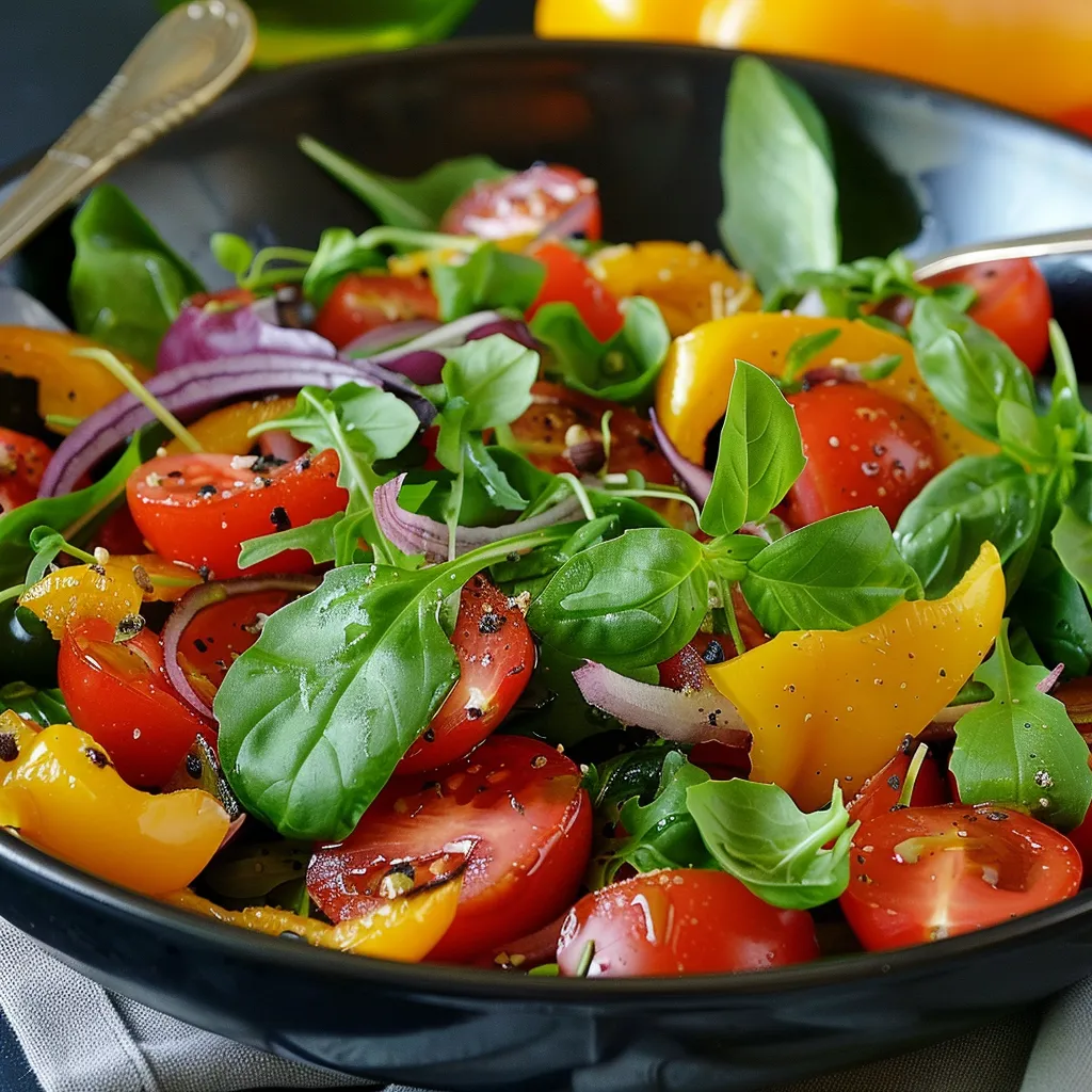 Ein schönes Salat mit Tomaten, Basilikum, Paprika und Zwiebeln.