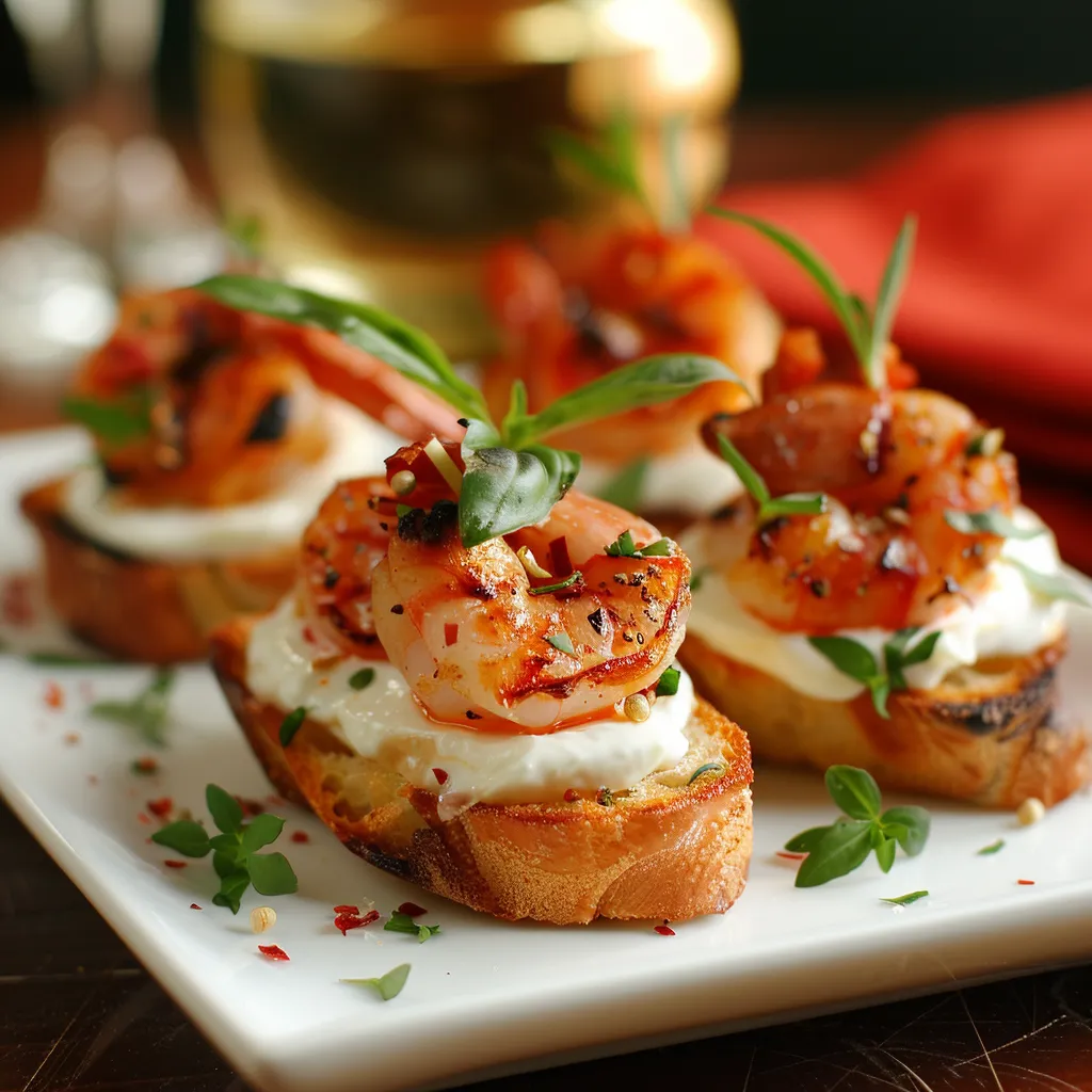 Ein weißer Teller mit Toast und Shrimp.