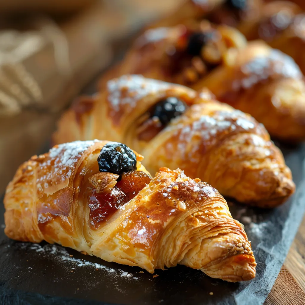 Ein Croissant mit einer Schokoladensauce und einer Beerenfrucht.