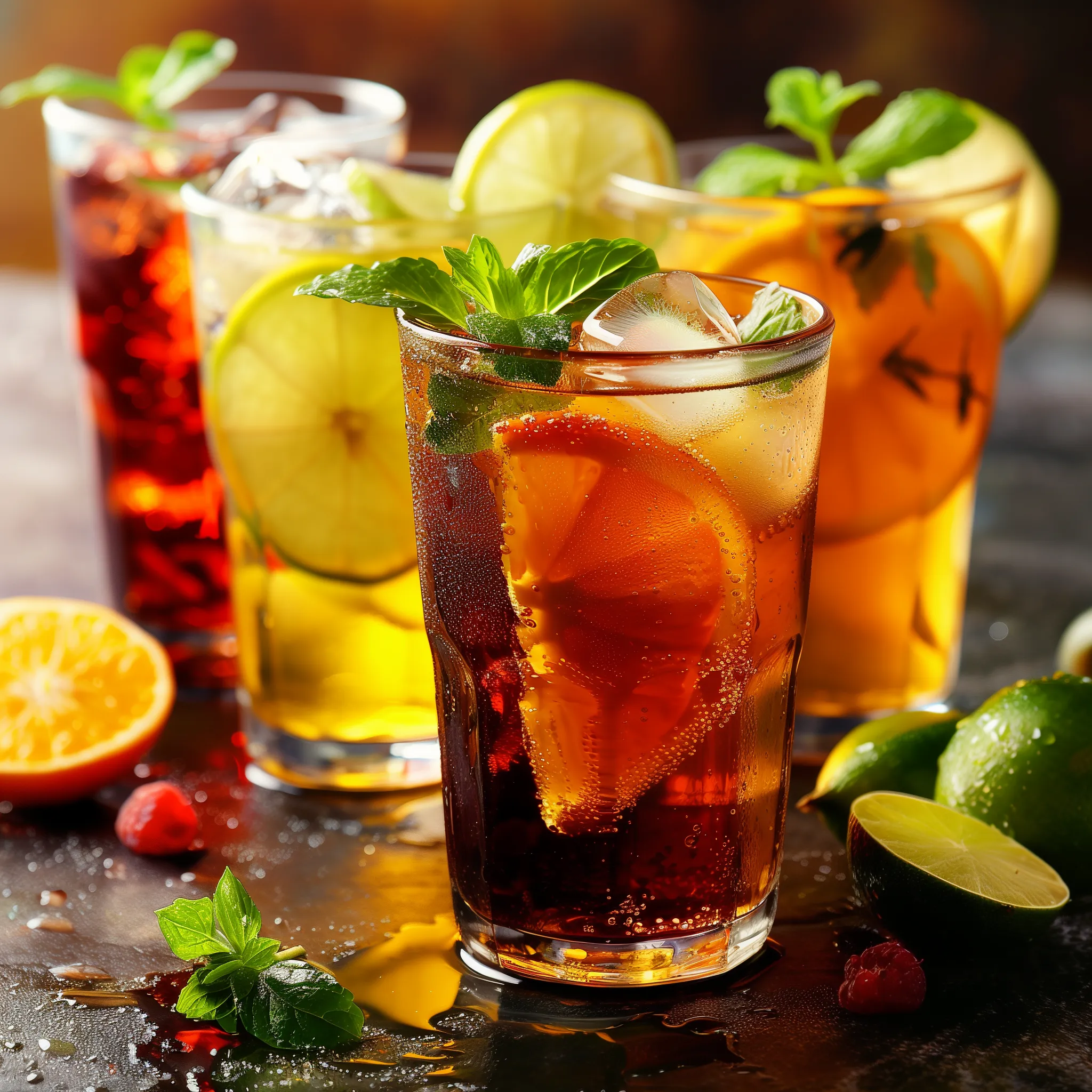 Ein Glas mit einer Mischung aus Orangensaft und Zitronensaft, garniert mit Zitronen und Mint.